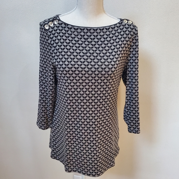 Croft & Barrow gray black butterfly pattern 3/4 sleeve top button down sz small - Picture 2 of 13
